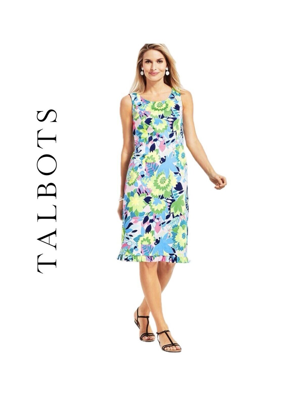 TALBOTS Island Bright Floral Ruffle-Hem Sleeveless Stretch Sheath Dress Sz 12P